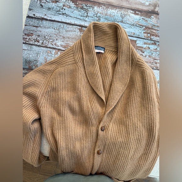 Lands' End 100% Camel Hair Men's Brown Ribbed Cardigan made in Scotland - Picture 3 of 13